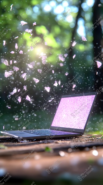 An open laptop on a wooden table outdoors with its screen displaying a pink hue. Pink petals are falling in the surrounding air, adding a magical touch to the scene. The background features green trees with sunlight filtering through them.
