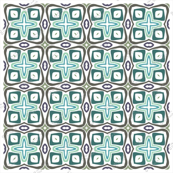 Ornamental design featuring a repeating geometric pattern in blue and green colors.