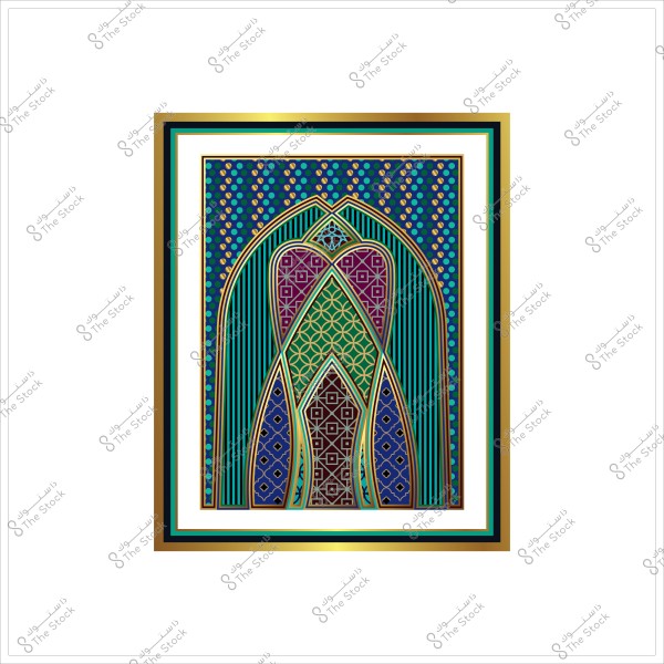 تصميم هندسي مستوحى من العمارة الإسلامية بألوان زاهية تشمل الأزرق والبنفسجي والأخضر مع أنماط زخرفية مكررة.