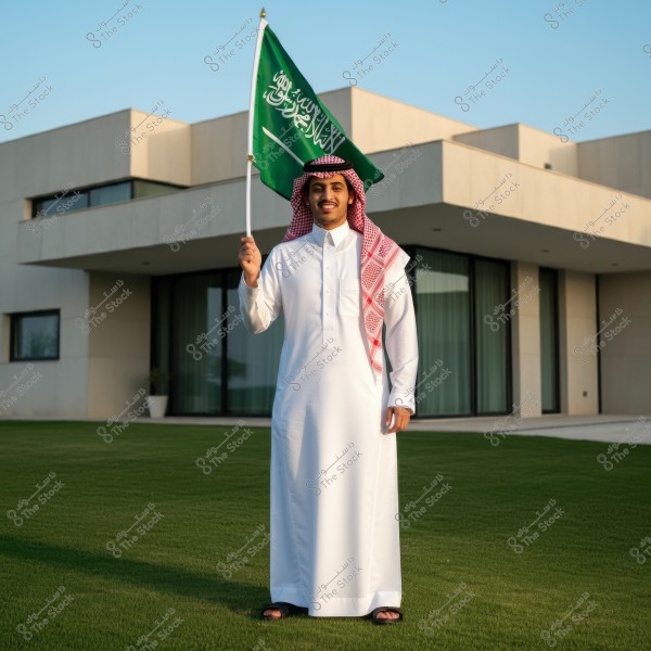 An image of a man standing in front of a modern house, wearing traditional Saudi attire with a white thobe and a red and white shemagh, holding the flag of Saudi Arabia. Green grass is in the foreground and a modern building is in the background.