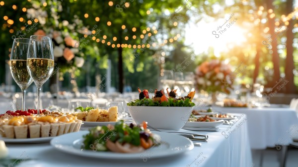 The image shows an elegant outdoor dining table adorned with delicious dishes. The table features various salad bowls, fruit tarts, and drinks glasses. In the background, there are twinkling string lights and green trees, providing a festive atmosphere in a natural setting.