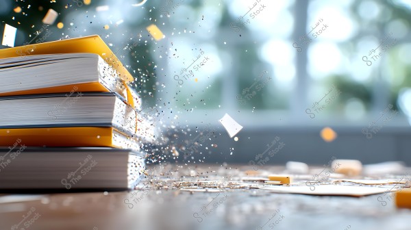 An image showing a stack of books with yellow covers placed on a wooden table. Paper scraps and small particles are flying in the air, adding a dynamic effect to the image. The background is blurred, indicating a window with green trees visible outside.