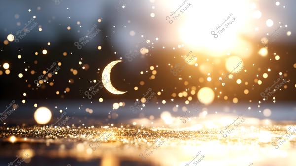 An image depicting small, scattered glimmering particles against a dark background, with a crescent moon in the center. A bright light, likely the sun, shines from the top right corner, casting a golden glow across the scene.