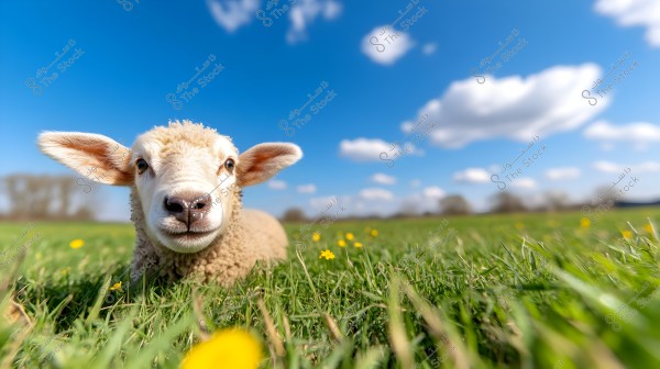 The image shows a small lamb with white wool standing in a green field filled with grass and small yellow flowers. The sky is blue and clear with some white clouds, creating a serene and natural atmosphere.