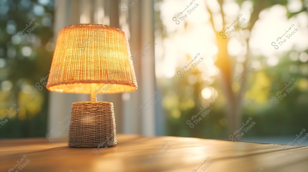Image of a table lamp made of woven bamboo placed on a wooden surface. The soft light emitted by the lamp creates warm and cozy tones. In the background, there are illuminated windows with a view of nature outside the room.