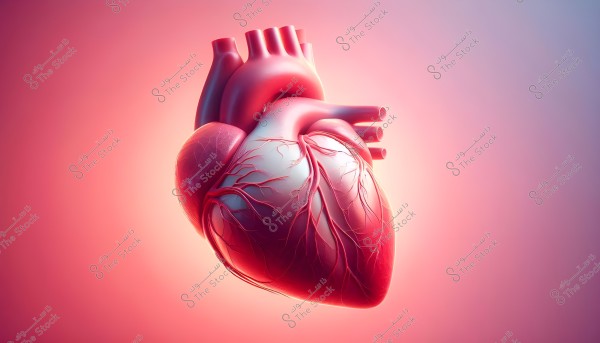 A 3D illustration of a human heart depicted realistically, showing details of the veins and arteries. The background is lit with gradients of pink and blue, highlighting the heart\'s details.
