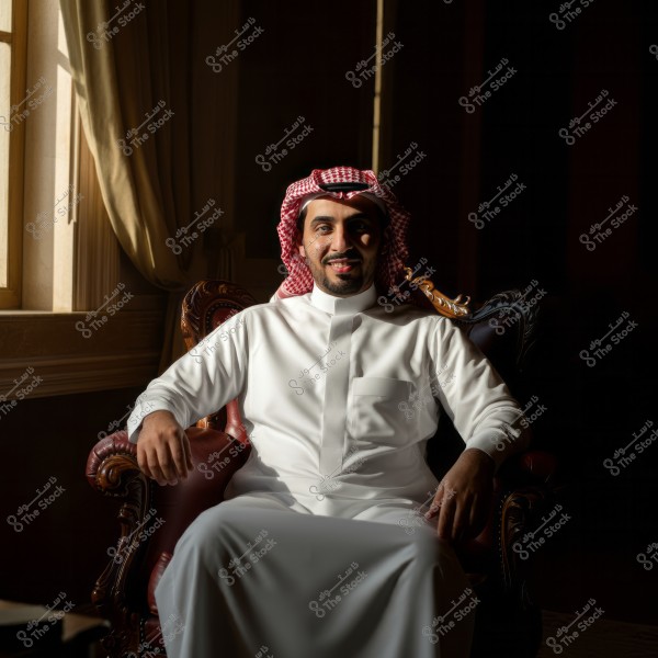 صورة لرجل يجلس على كرسي فاخر في غرفة مضاءة جزئيًا. الرجل يرتدي ثوبًا أبيض وغترة حمراء وبيضاء وعقال, مما يشير إلى أن الزي قد يكون من المملكة العربية السعودية. الإضاءة تسلط على نصف وجهه, بينما النصف الآخر في الظل, وهناك ستارة بجانب نافذة في الخلفية.