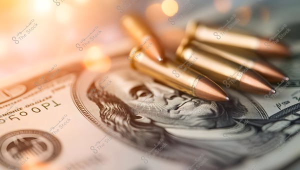 An image showing metallic bullets placed on a hundred-dollar bill. The bill features the portrait of Benjamin Franklin, and the background is dimly lit with warm, blurred lighting.