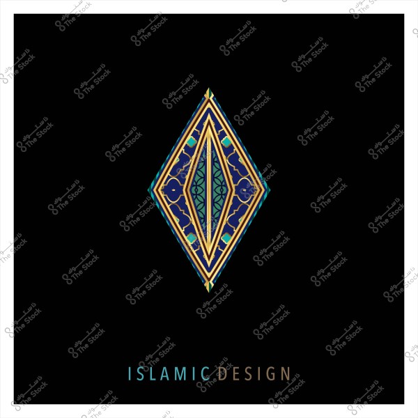 Geometric Islamic design with gold, blue, and green colors on a black background.