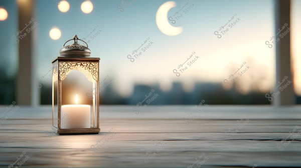 A lantern with a lit candle inside placed on a wooden surface, with a blurry cityscape at sunset in the background. A crescent moon is visible in the sky symbolizing the night.