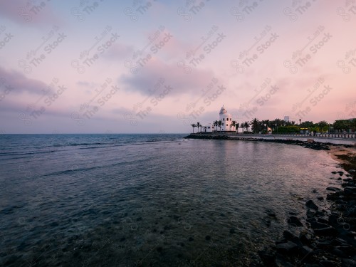 مسجد الجزيرة محاط بالنخيل على كورنيش جدة وتظهر السماء شبه صافية أثناء الشروق