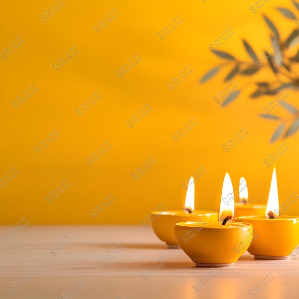 Four lit yellow candles placed on a light-colored wooden surface. The background is yellow with shadows of leaves appearing in the upper right side of the image.