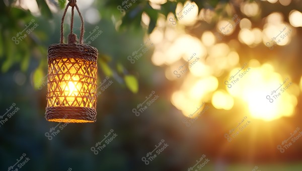 Image of a lit lantern enclosed in a bamboo cage hanging outdoors with green foliage in the background. The sunlit bokeh effect creates a warm and serene atmosphere during sunset.