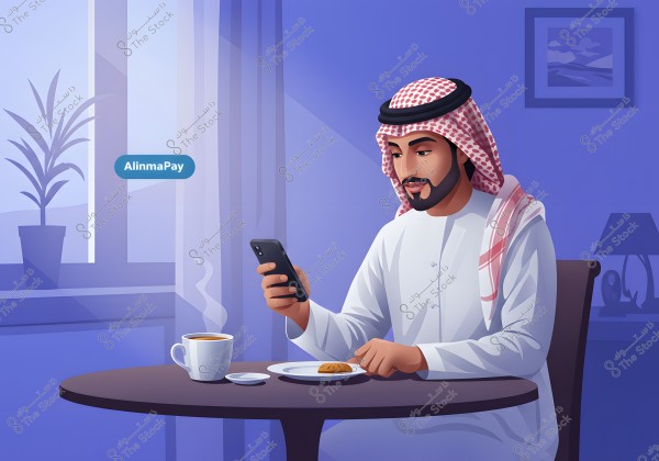 The illustration depicts a man wearing traditional attire, including a thobe and a keffiyeh, sitting at a table with a cup of coffee and a pastry in front of him. He is holding a phone in his hand, and there is a window beside him with a plant and the text \"AlinmaPay\" on the glass. A framed picture is visible on the wall in the background.