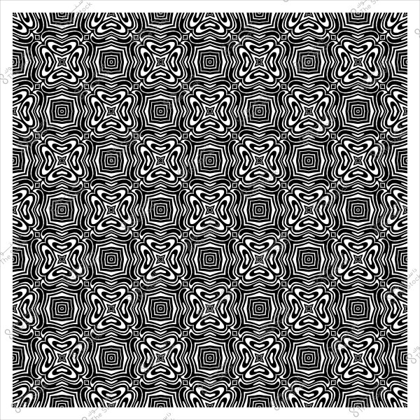 نمط هندسي مجرد باللونين الأبيض والأسود بتصميم متكرر من الأشكال المتموجة والدوائر المتداخلة.