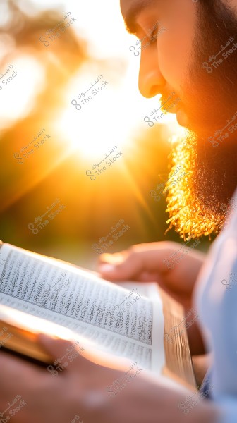 A portrait of a man with a thick beard reading an open book, illuminated by the sunlight from behind. The book contains text in Arabic. The golden light streams through his hair and beard, adding a spiritual atmosphere to the image.