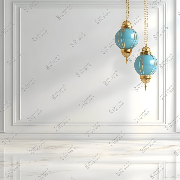 The image shows two decorative traditional lamps in blue and gold hanging from the ceiling against a white wall with ornamental wooden panels. The floor is depicted as elegant white marble that reflects light beautifully.