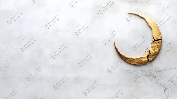 Image depicting a broken crescent shape that appears to be made of gold, set against a white background. The crescent displays noticeable circular cracks, adding an element of beauty and uniqueness to the shape. The white background provides a sense of simplicity and purity.