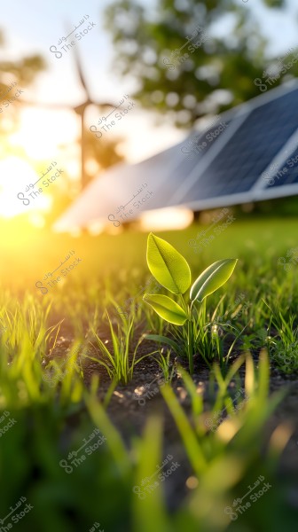 A small plant growing in the foreground in sharp focus, surrounded by green grass, with a background showing solar panels and a wind turbine under the golden sunlight in the horizon.