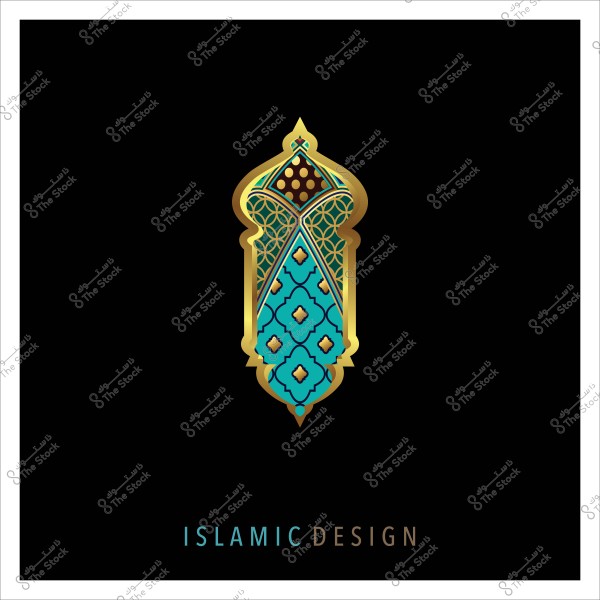تصميم إسلامي مع زخرفة هندسية ذهبية وزرقاء على خلفية سوداء.