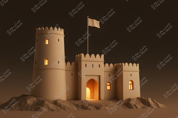 An image of a traditional sandy-colored fortress situated in a desert setting. The fortress features round towers and crenellated walls with small illuminated windows. In the midst of the desert, the entrance of the fortress is warmly lit with orange hues, and a flag is raised above the facade.
