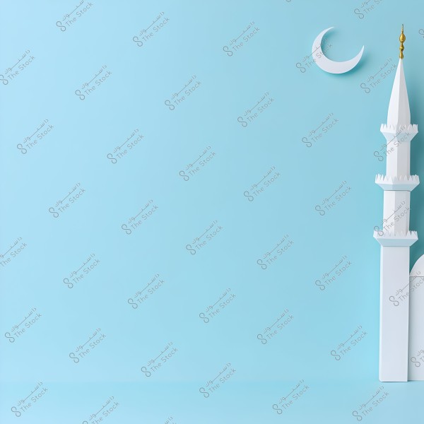 An image featuring a beautiful white minaret against a light blue background. In the upper right corner, there is a white crescent, reflecting the Islamic theme of the image.