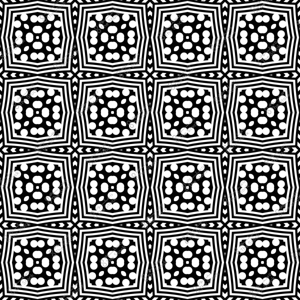 نمط هندسي بتصميم أبيض وأسود يتكون من أشكال خماسية متكررة تتكون من خطوط ونقاط.