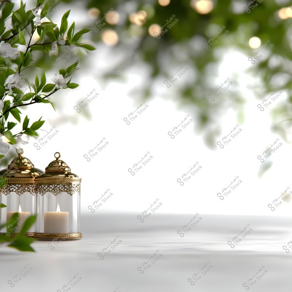 An image showing two gold-colored lanterns placed on a smooth surface. The lanterns contain lit candles inside, surrounded by branches of a tree with white flowers on the left side. The background is blurred with soft lighting that enhances the serene atmosphere of the image.
