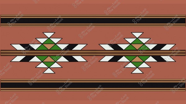 نمط هندسي تقليدي بألوان متعددة على خلفية بنية. يحتوي التصميم على شكلين متساويين في المنتصف بتنسيق معقد من المثلثات البيضاء والخضراء والسوداء مرتبة على شكل نجمة. توجد خطوط أفقية سوداء بنية تمتد عبر الصورة.