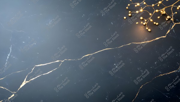 A dark black marble surface with natural gold veining. In the upper right corner, there are gold decorative elements intertwined in a branch-like formation with a glowing effect. The minimalist design highlights the elegant look of the marble and the shiny adornment.