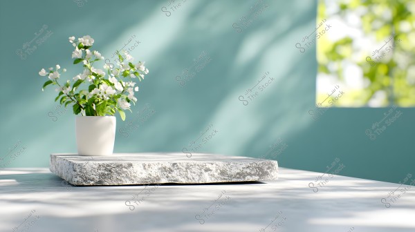 An image of a simple white pot with white flowers and green leaves placed on a stone slab in a well-lit setting. The background is light blue with a window showing green shadows of trees outside.
