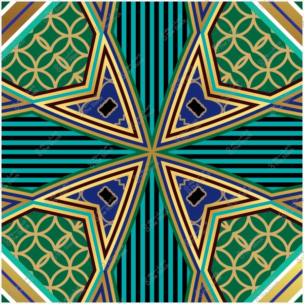 تصميم زخرفي بألوان زاهية يشمل أشكال هندسية مع نجوم وأقواس دائرية في لوحة متناظرة. الألوان المستخدمة تشمل الأخضر والأزرق والذهبي, مع استخدام للأنماط المتداخلة والخطوط المتعامدة.

-
