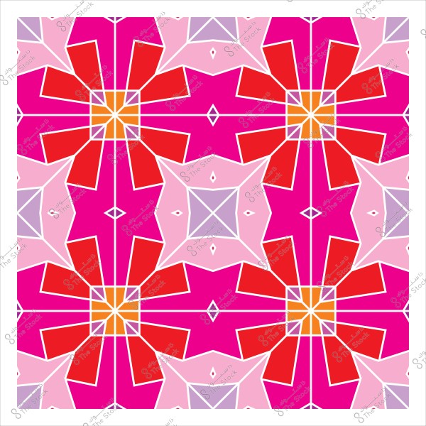 Geometric design with repeating patterns in red, pink, and orange.