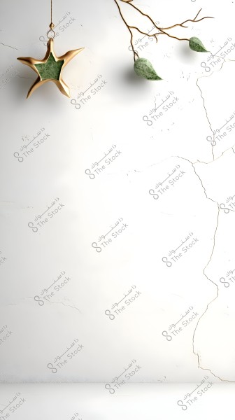 A simple light beige background with subtle cracks, featuring a hanging star-shaped ornament in gold with a green center. A branch with green leaves in the top right corner adds a natural touch to the design.
