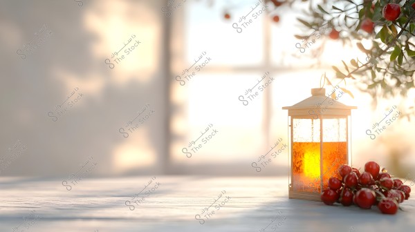 A glass lantern lit with an orange glow sits on a white wooden table next to a bunch of red cherries. In the background, a large window allows warm sunlight to flood in, with green branches and red fruit visible at the top.