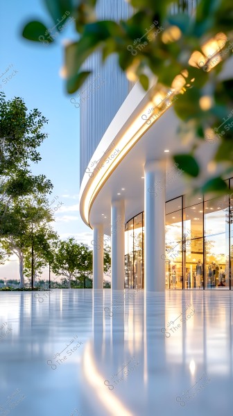 An image of a modern building with a sleek architectural design, featuring a large glass facade and white columns, illuminated by warm yellow lighting. In the background, green trees are visible under a clear blue sky with light clouds.