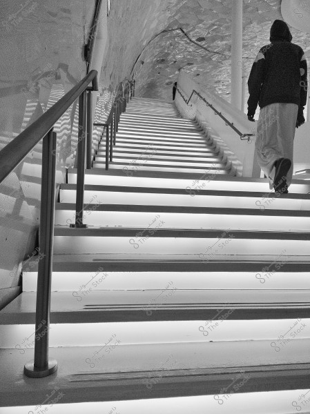 A black and white scene showing a person wearing traditional attire and a hooded jacket, ascending a well-lit interior staircase in a marble-covered passageway. A metal handrail runs alongside the stairs, which lead upward toward an unseen summit.