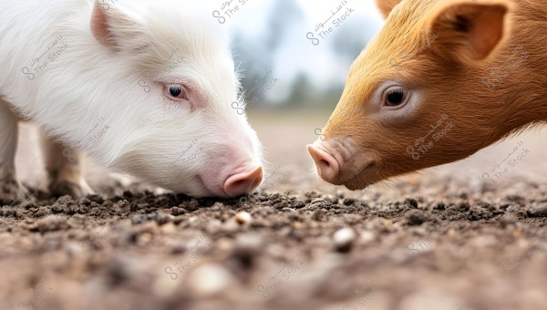 Two young piglets, one white and the other brown, touching noses as they sniff the earthy ground. The piglets are shown against a blurry background, highlighting their cute faces.