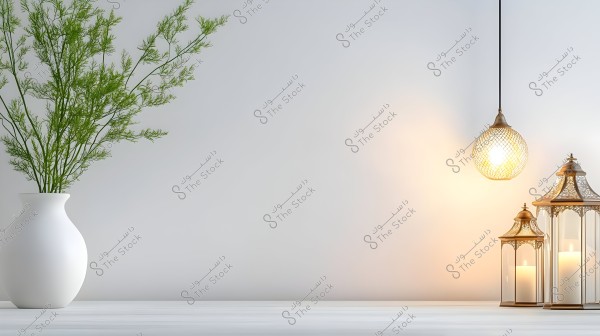 Image shows a white vase with tall green plants on the left, alongside three metallic lanterns lit with candles on the right. A hanging gold lamp with warm light dangles from the ceiling. The background is a smooth white wall.