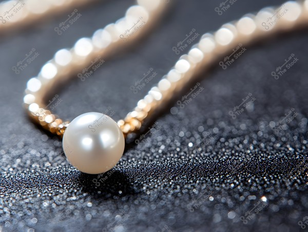 Close-up image of a pearl necklace resting on a dark, shimmering surface. The central pearl is surrounded by smaller, sparkling beads, giving the image an elegant and luxurious feel.
