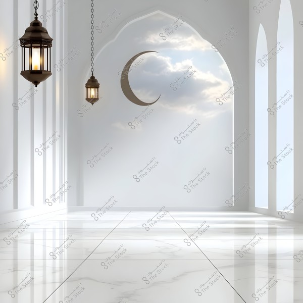 Image depicting an interior space with large arch-shaped windows overlooking a sky with clouds and a crescent moon, creating a serene and aesthetic atmosphere. Eastern-style lanterns hang from the ceiling, and the floor appears white with marble-like effects.