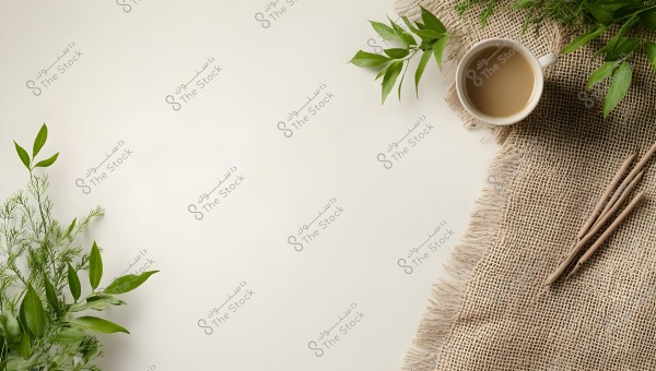 An image showing a light-colored surface with a cup of coffee near the top right corner, placed on a piece of burlap. Green leaves and decorative plants are surrounding the cup. Several wooden reed pencils are placed on the burlap on the right side.