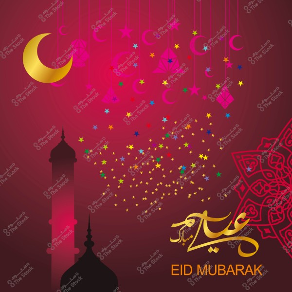 تصميم تهنئة بعيد الفطر مع هلال ذهبي وفوانيس وأبراج مسجد وكلمة \"عيد مبارك\" مكتوبة بالخط العربي.