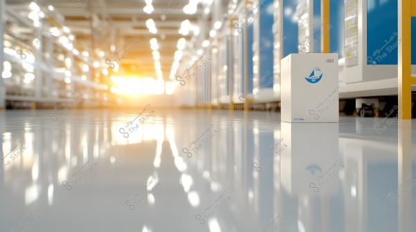 ** Image of a corridor in a warehouse or logistics center, featuring a white box on a shiny floor. There are tall storage shelves on both sides, and the scene is lit with bright lighting extending into the background, giving a sense of depth and activity in the environment.\r\n\r\n**