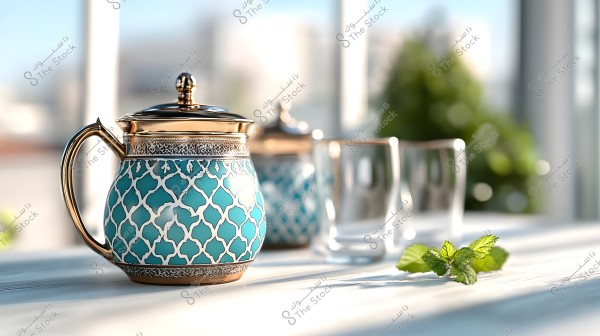 A glass teapot with turquoise and silver geometric patterns, featuring a golden lid and handle, placed on a wooden table with two glass cups and a fresh mint leaf. The background is blurred with hints of trees and bright windows.