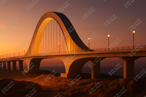 A scene of a large bridge with a distinctive arch design illuminated by a row of street lamps during sunset. The bridge stretches over a calm water surface, with surrounding sand beneath it, creating a warm orange background that gives the image a peaceful and soothing touch.