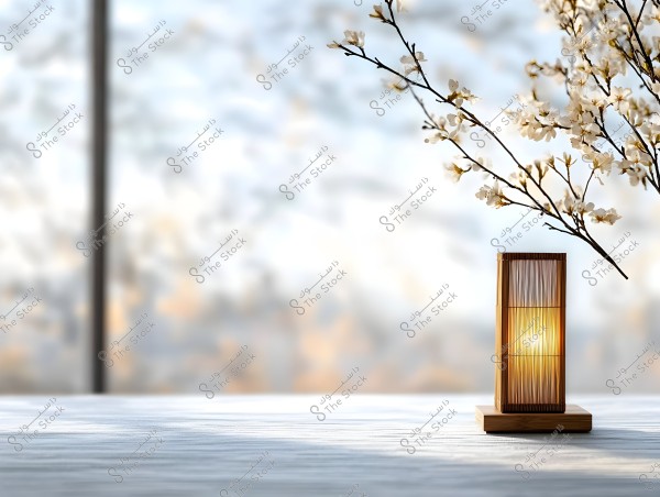 A wooden lamp with a contemporary design, lit up, placed on a white table with a blurred background of blossoming white flowers. A flowering branch extends from the top right corner of the image, creating a tranquil and calming atmosphere.