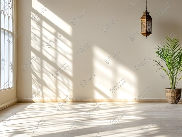 The image shows a sunlit room with window shadows cast on the wall and floor. A traditional lantern hangs from the ceiling on the right side of the image, and in front of it is a green plant in a wicker pot. The long shadows of the plant and windows are prominent on the smooth floor.
