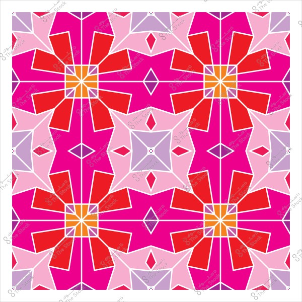 A vibrant geometric pattern featuring red, pink, purple, and orange geometric shapes.