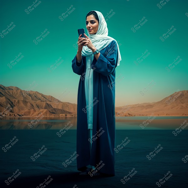 A woman stands in a desert landscape next to a calm lake, wearing a blue abaya and a white hijab, using a smartphone. In the background, sandy hills and mountains can be seen under a blue sky.
